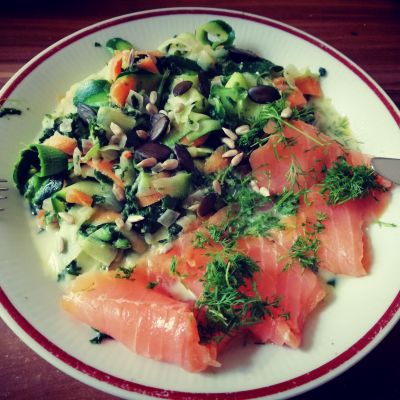 Zucchini Nudeln mit Spinat Créme Sauce Zoodles_Lachs_Filter